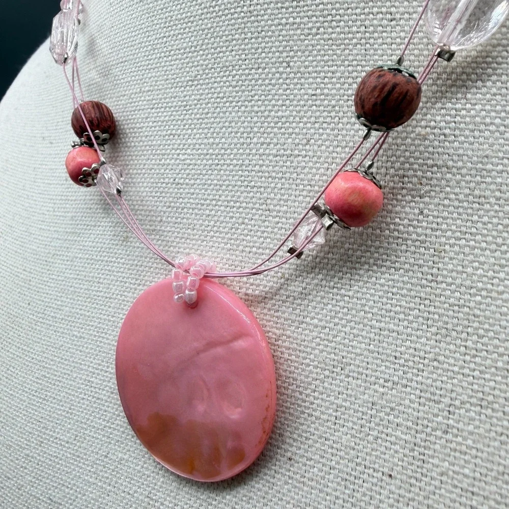 Pink Shell Disc Pendant Beaded Necklace Boho Statement Cottagecore Festival Gift